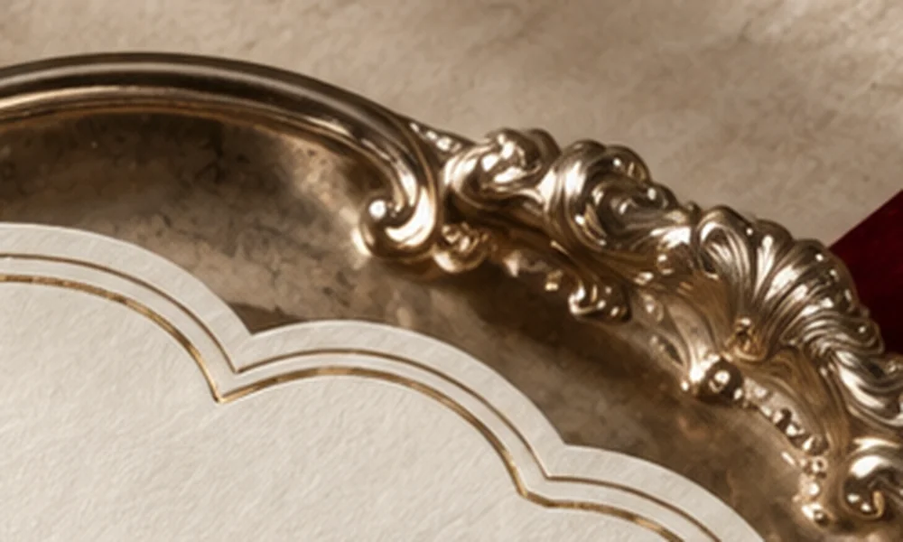 Close-up of refined gilded decorative detail on textured paper