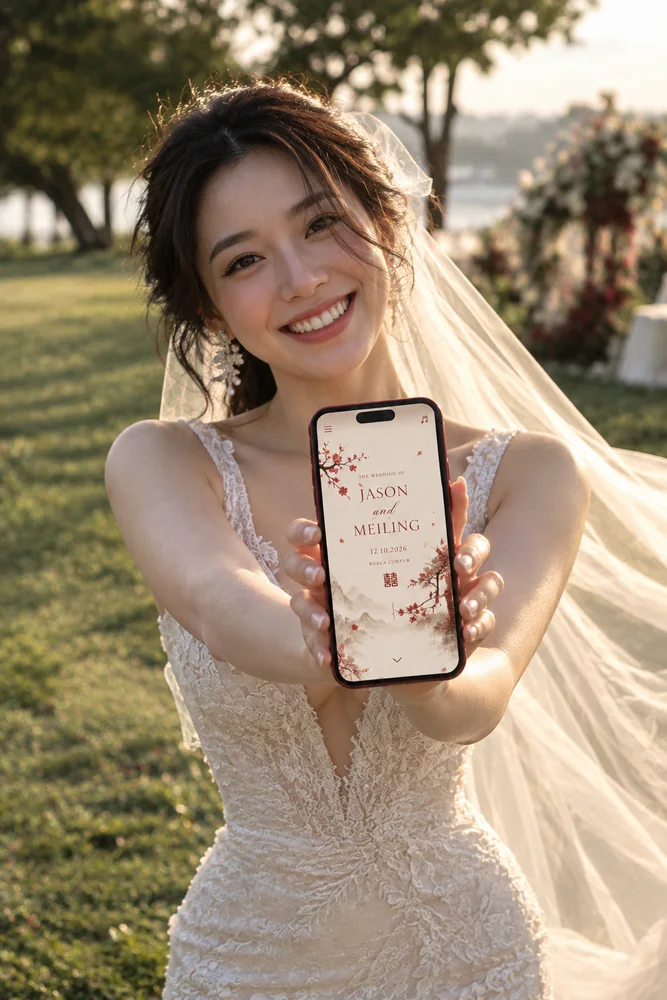 A smiling bride outdoors holds her wedding invitation on a smartphone towards the camera