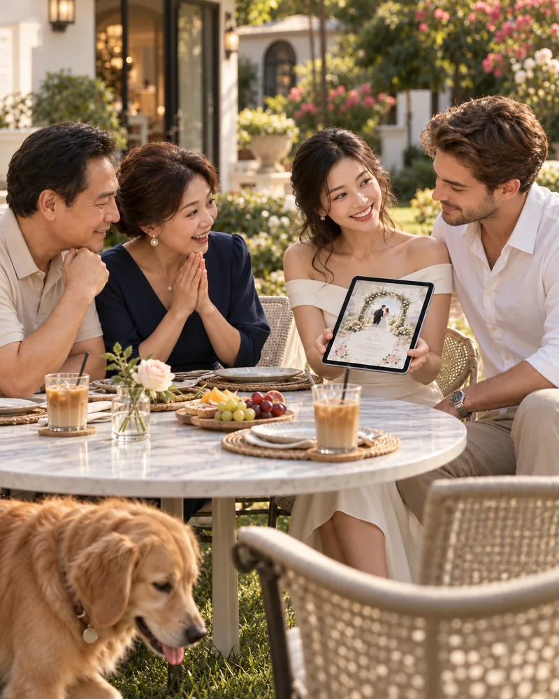 Family sharing a tablet with a wedding announcement at a garden table