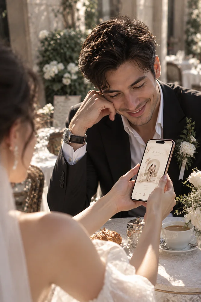 A groom smiles affectionately at the invitation his bride shows him at an outdoor French-style café