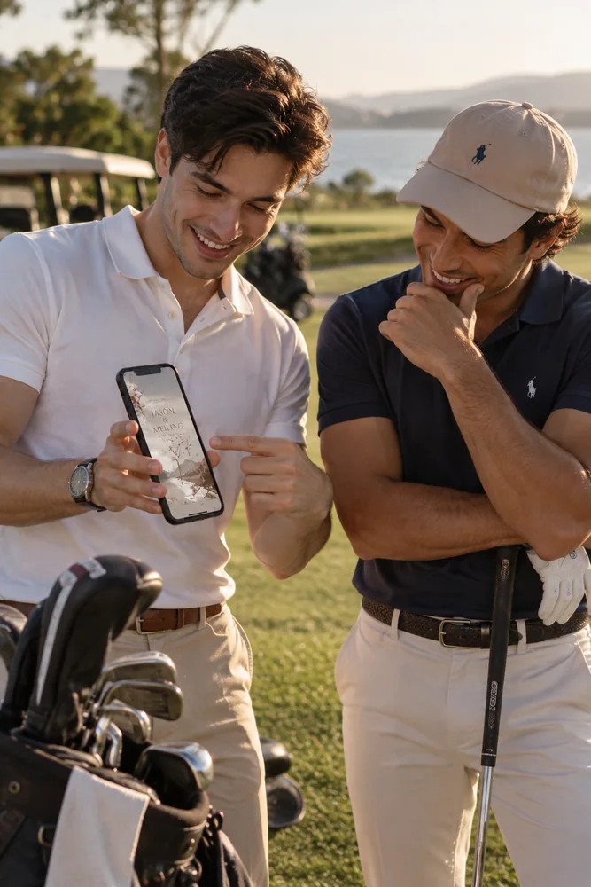 A groom sharing wedding news on a phone with a friend at a golf course