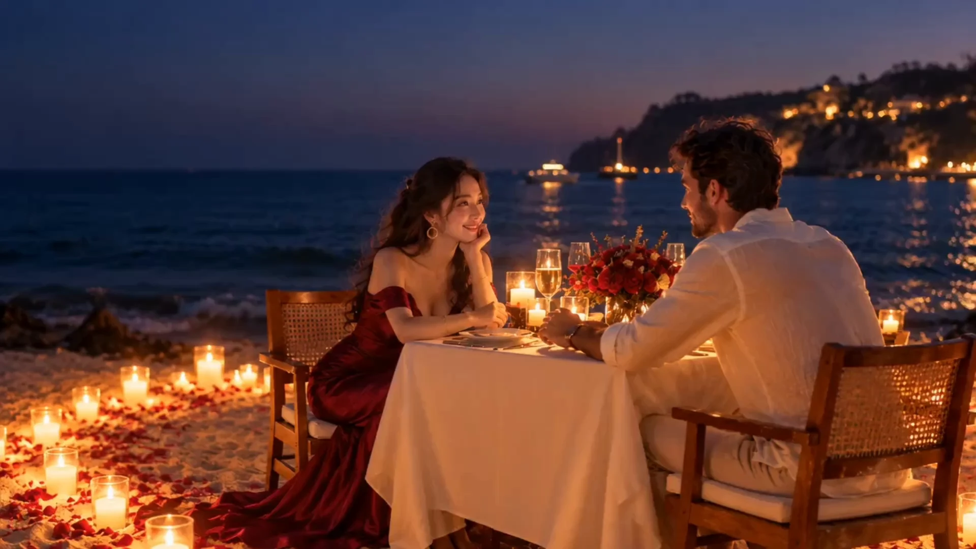 A couple sharing a candlelit seaside dinner, surrounded by rose petals and warm lights at blue hour.