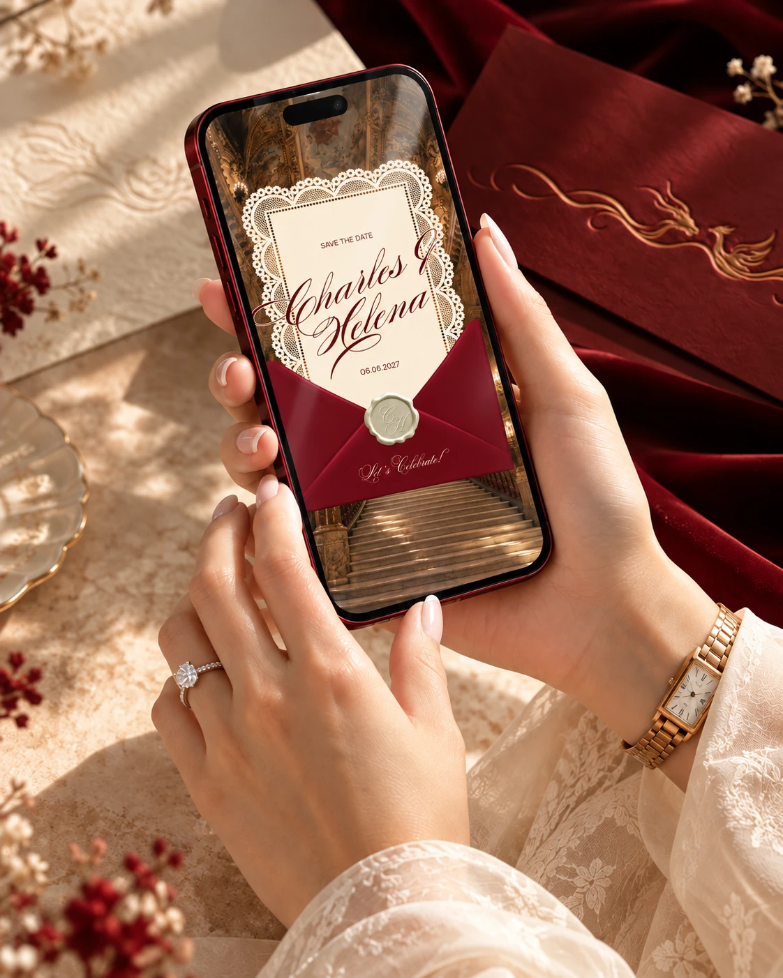 Evite B Pro — Charles and Helena wedding invitation in a burgundy smartphone